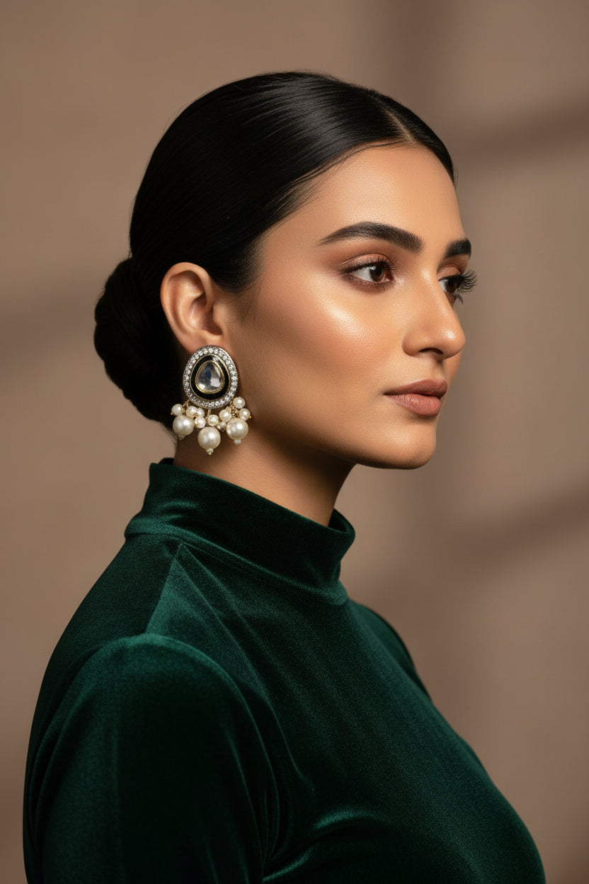 24K gold plated earrings with a teardrop jurao stone in a dark enamel frame, American zircon halo and a cluster of white pearl drops