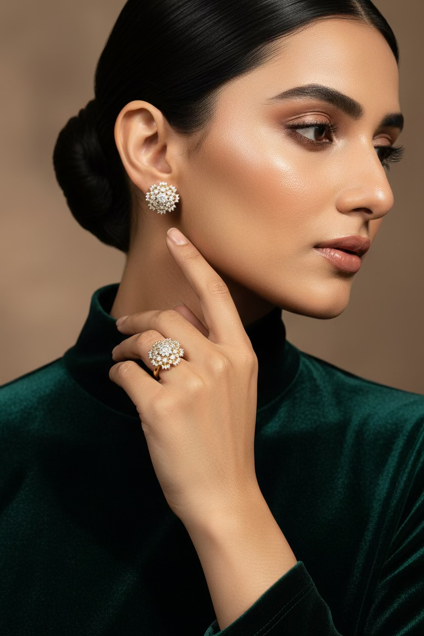 Aurelia 24K gold plated set with zircon studs and a matching fixed coil ring
