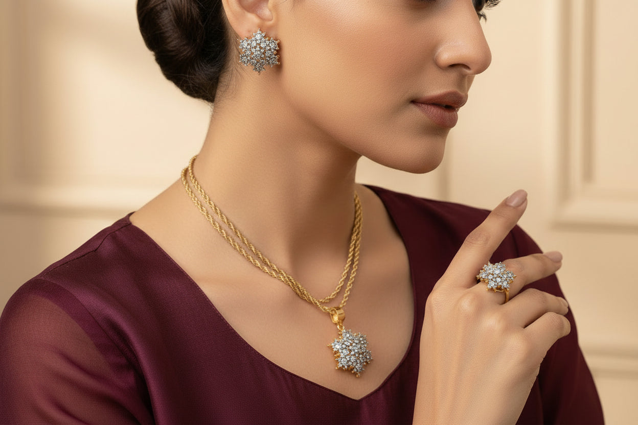 Diamond Spark locket set in 24K gold plating, handmade with American zircon, with chain and matching studs