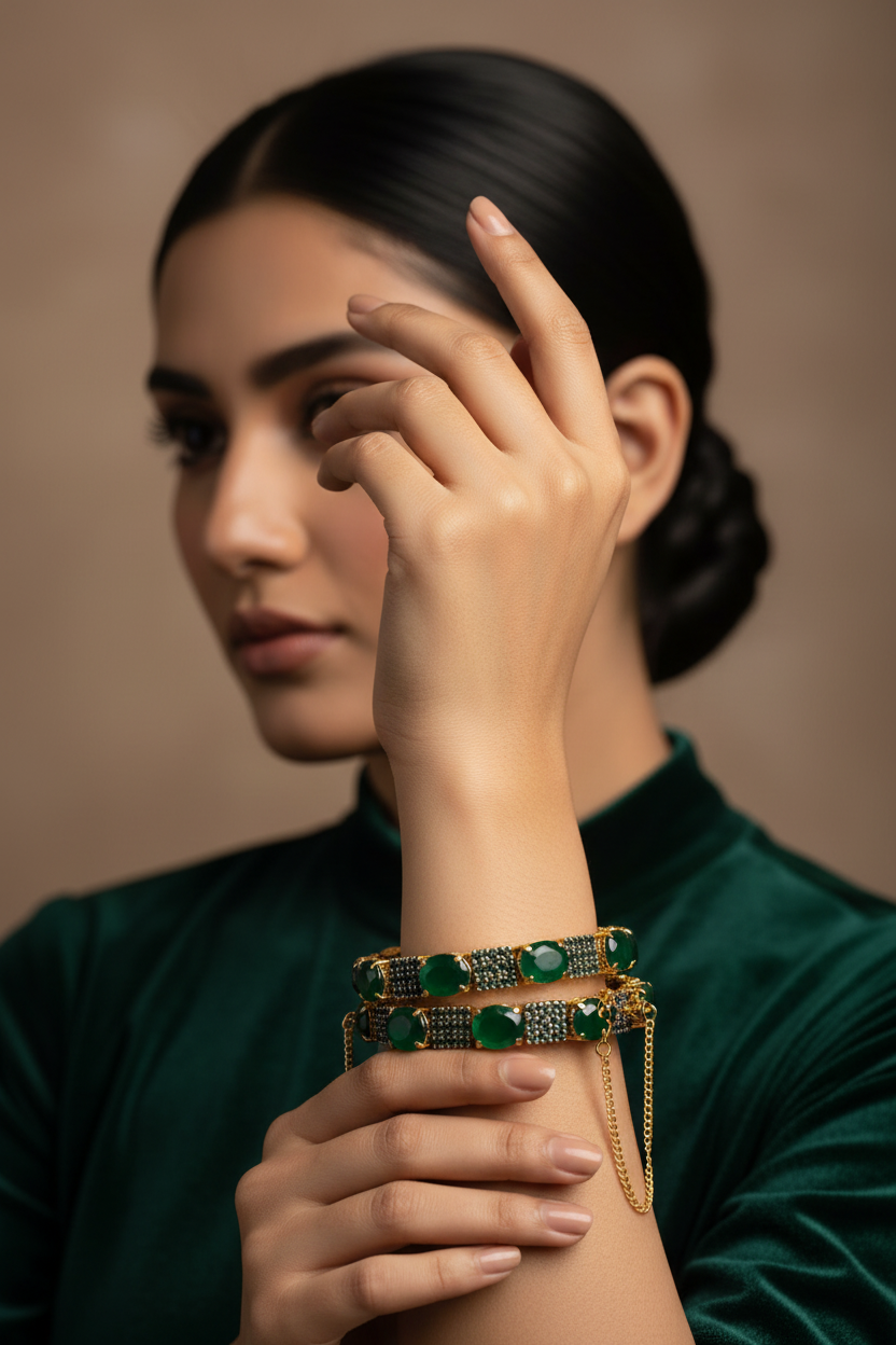 Emerald Lovers 24K gold plated jewelry set with green stones and a diamond-cut surround