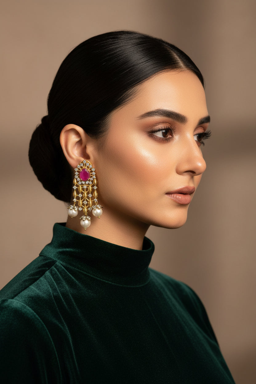 24K gold plated jaali chandelier earrings with a ruby-red centre stone, American zircon lattice and white pearl drops