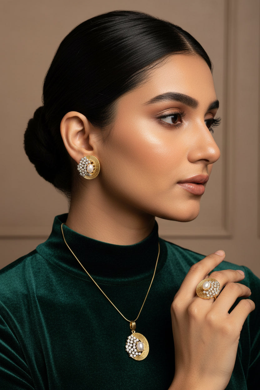 24K gold plated locket set with pendant, chain, studs and ring, each a textured gold disc set with a white pearl and American zircon
