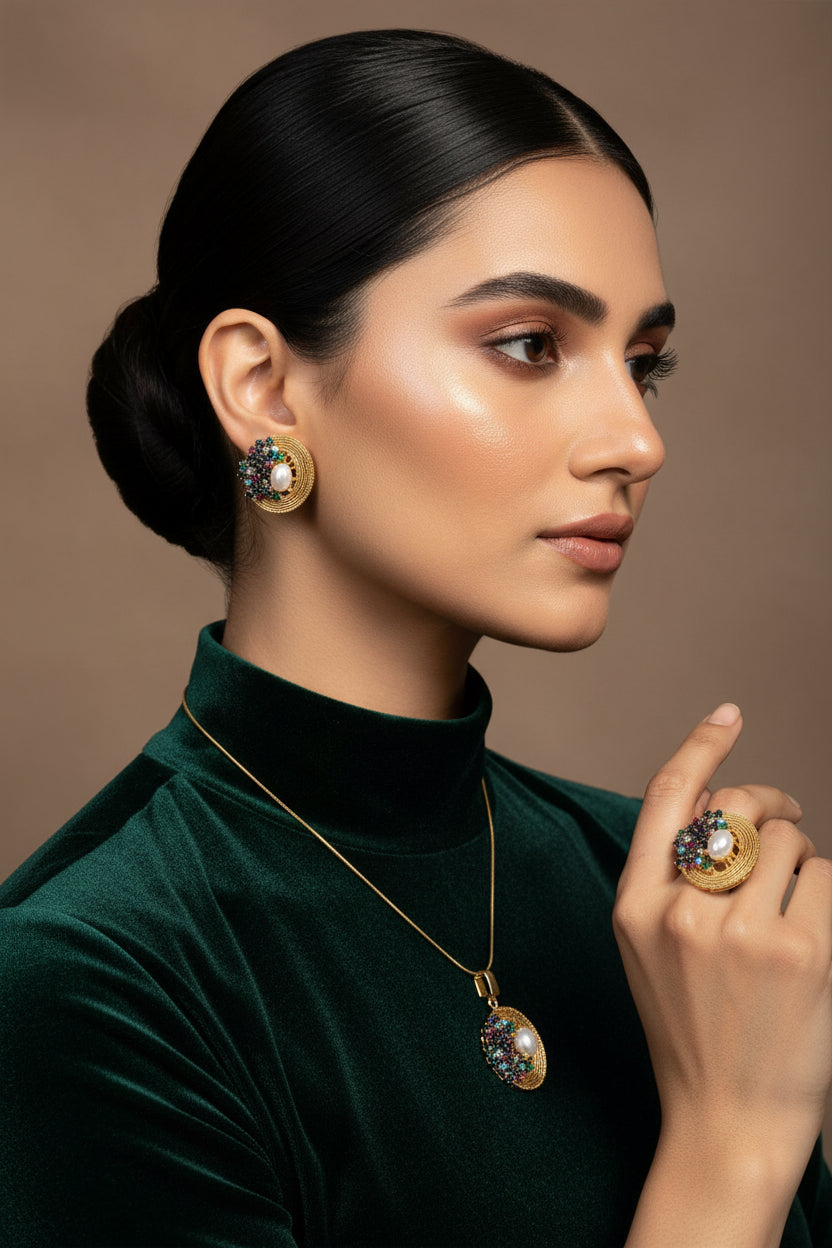 24K gold plated locket set with pendant, chain, studs and ring, each a textured gold disc with a pearl centre and multi-colour stones