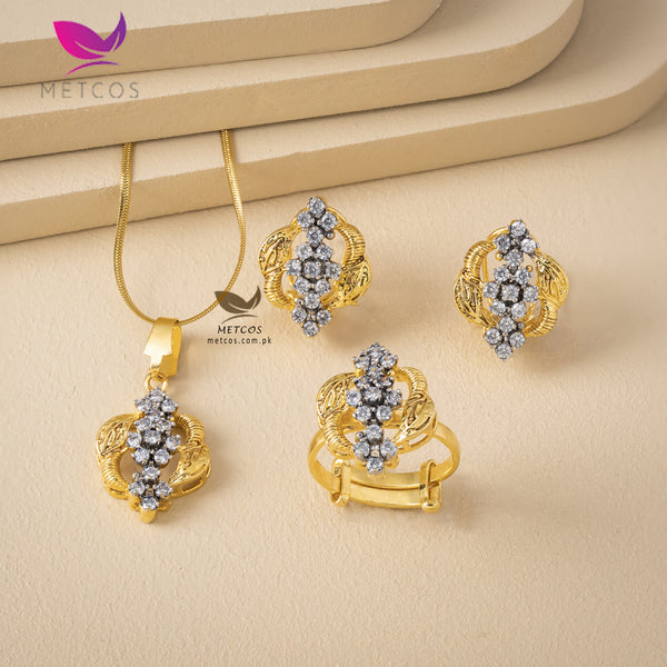 Gold Zirconian Pendant Set |  24K Gold Plated | Casted with American Zircons | Adjustable Ring