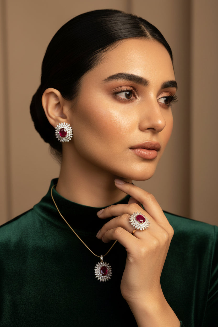A jewelry set featuring a pendant necklace and matching earrings with oval red gemstones surrounded by clear crystals in silver-toned settings, displayed on a black gloved hand.
