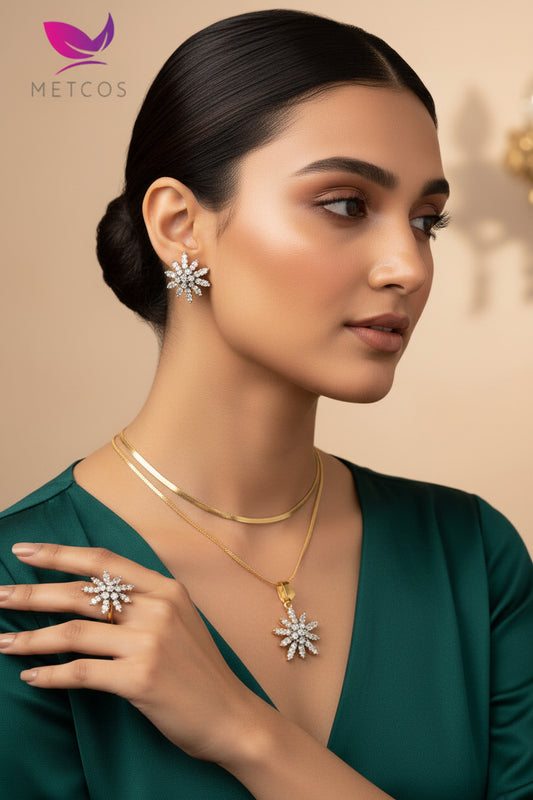 A set of gold-plated jewelry including a necklace, earrings, and a ring with intricate diamond cut patterns and embellished with real American Zircons.