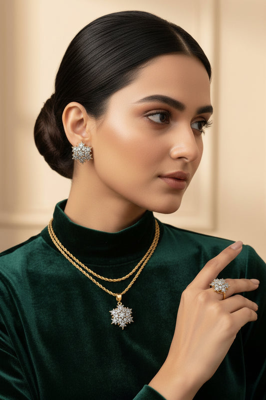 Diamond Spark locket set in 24K gold plating, handmade with American zircon, with chain and matching studs