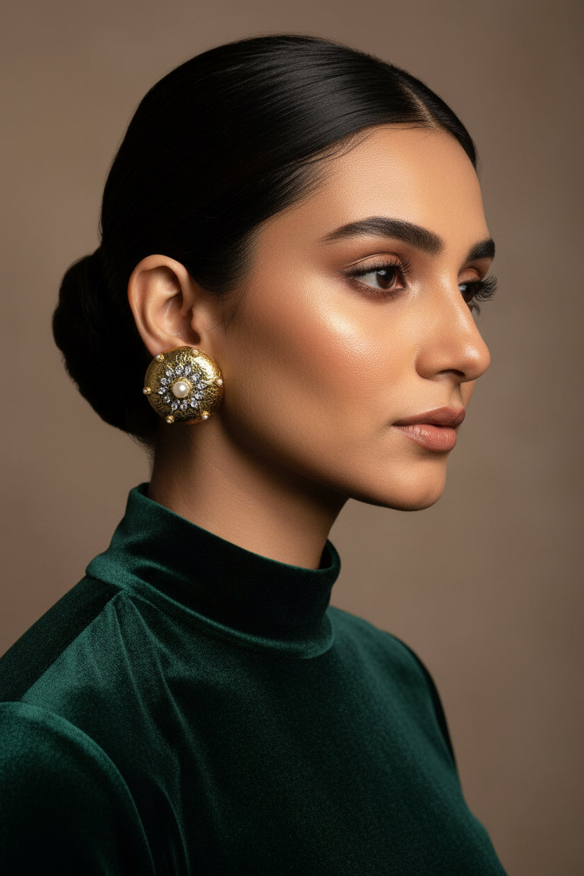 Domed 24K gold plated coin studs with a textured gold face, white pearl centre, American zircon starburst and pearl rim accents