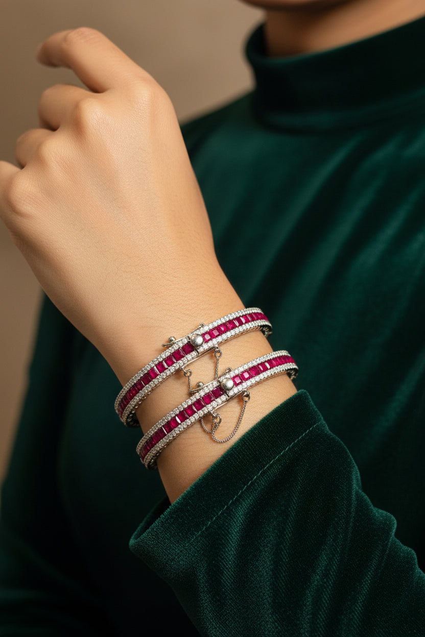 Crimson Noor 24K gold plated bridal bangle set with deep red and clear stones