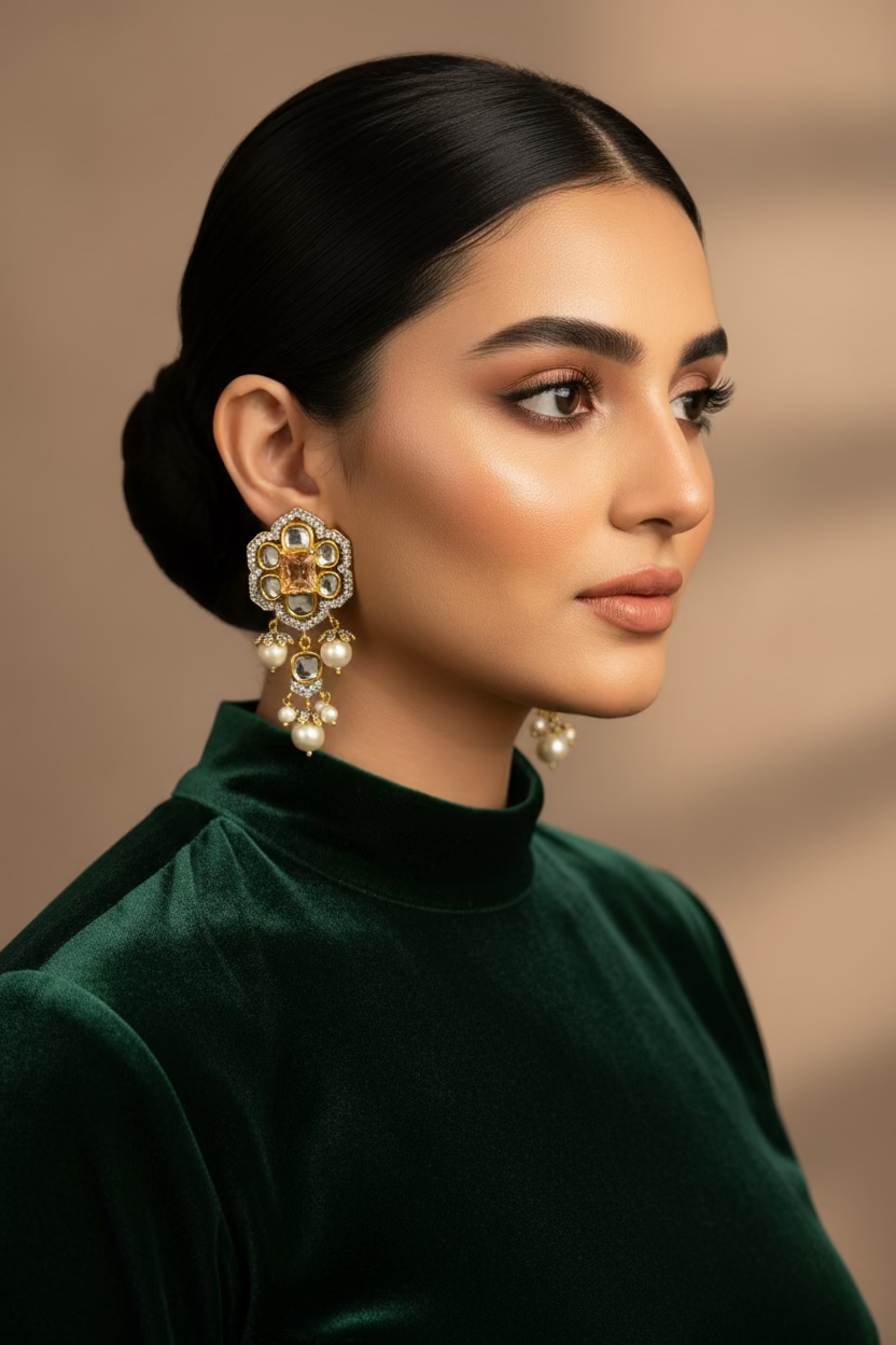 Aurelle 24K gold plated earrings with a sculpted gold form and American zircon detailing