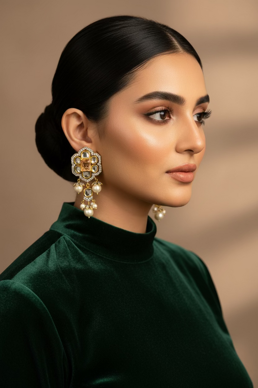 Aurelle 24K gold plated earrings with a sculpted gold form and American zircon detailing