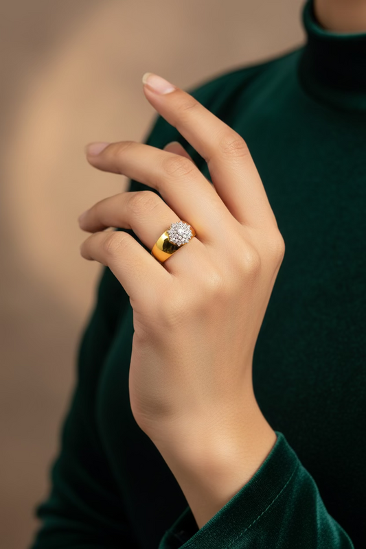Serena 24K gold plated ring in a traditional Pakistani design set with American zircon