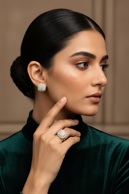 Gulnaar 24K gold plated jewellery set with matching zircon studs and an ornate coil ring