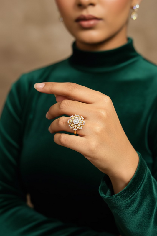 Aurelia 24K gold plated diamond cut ring with a solitaire style zircon stone