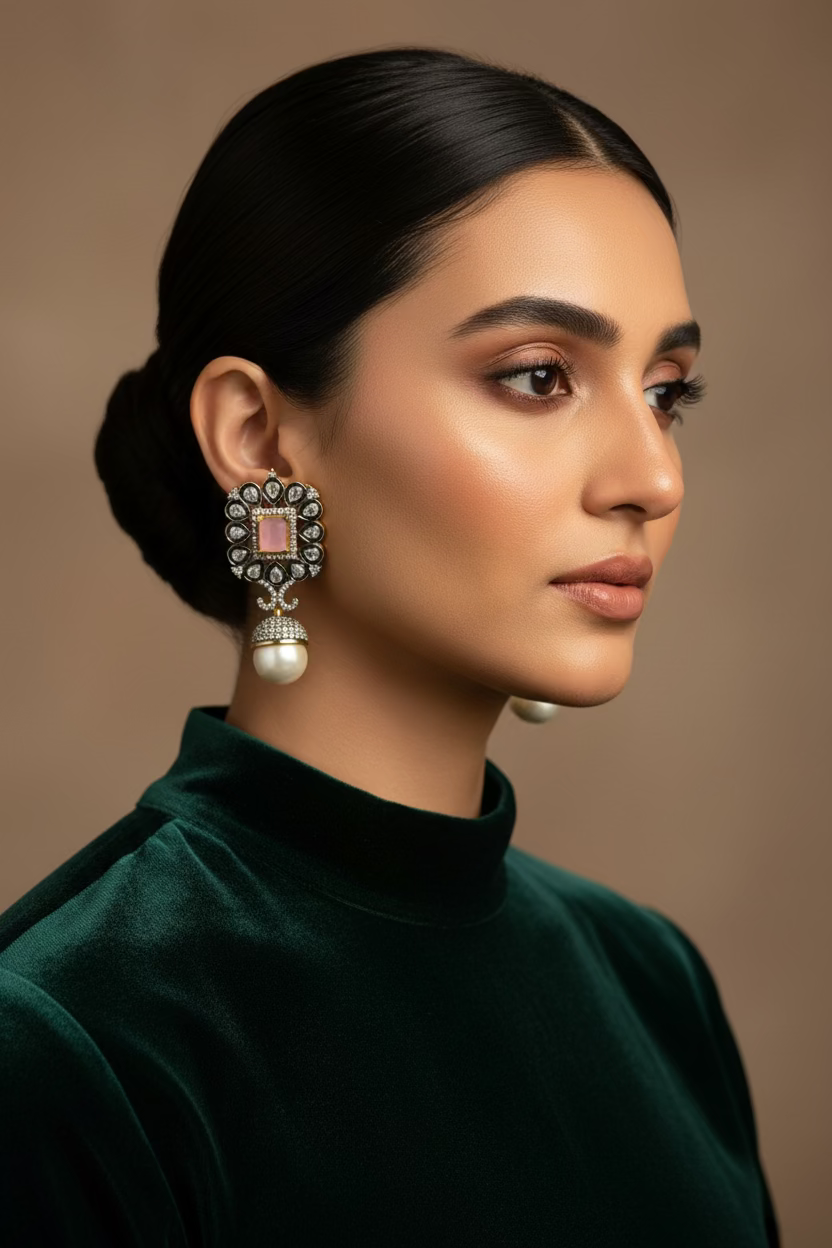 Roselle 24K gold plated drop earrings with pink stone tops, patterned stone work and white pearl drops