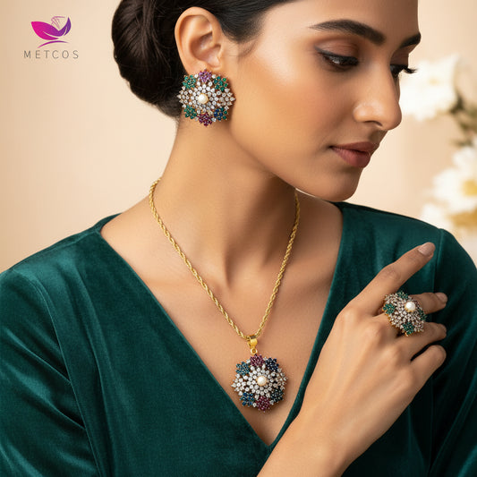 Rainbow Radiance pendant set in 24K gold plating with multicoloured American zircon, chain and matching earrings