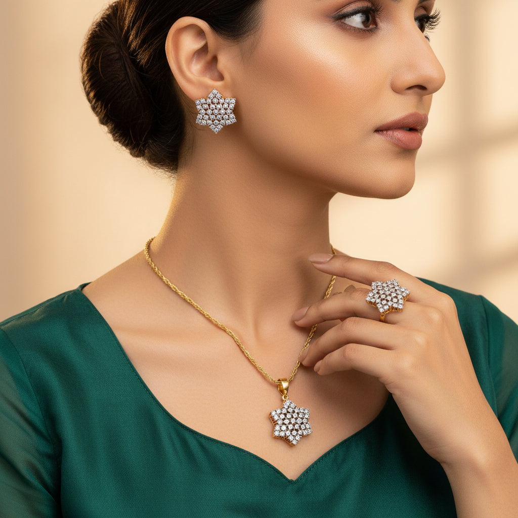 A set of 24k gold plated jewelry featuring a floral pattern with real American zircons, including a necklace and a pair of earrings.