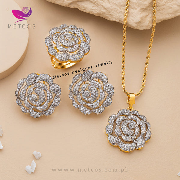 Floral Zirconish Pendant Set |  24K Gold Plated | Casted with American Zircons | Adjustable Ring