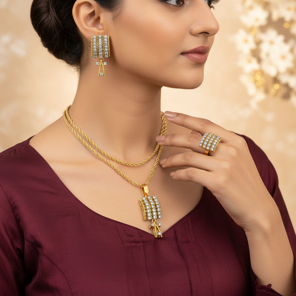 Gold jewelry set with necklace, ring, and earrings on a beige background with 'Metcos' branding.