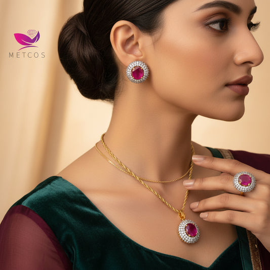 Roshni locket set in 24K gold plating, casted with real American zircon, with chain and matching earrings