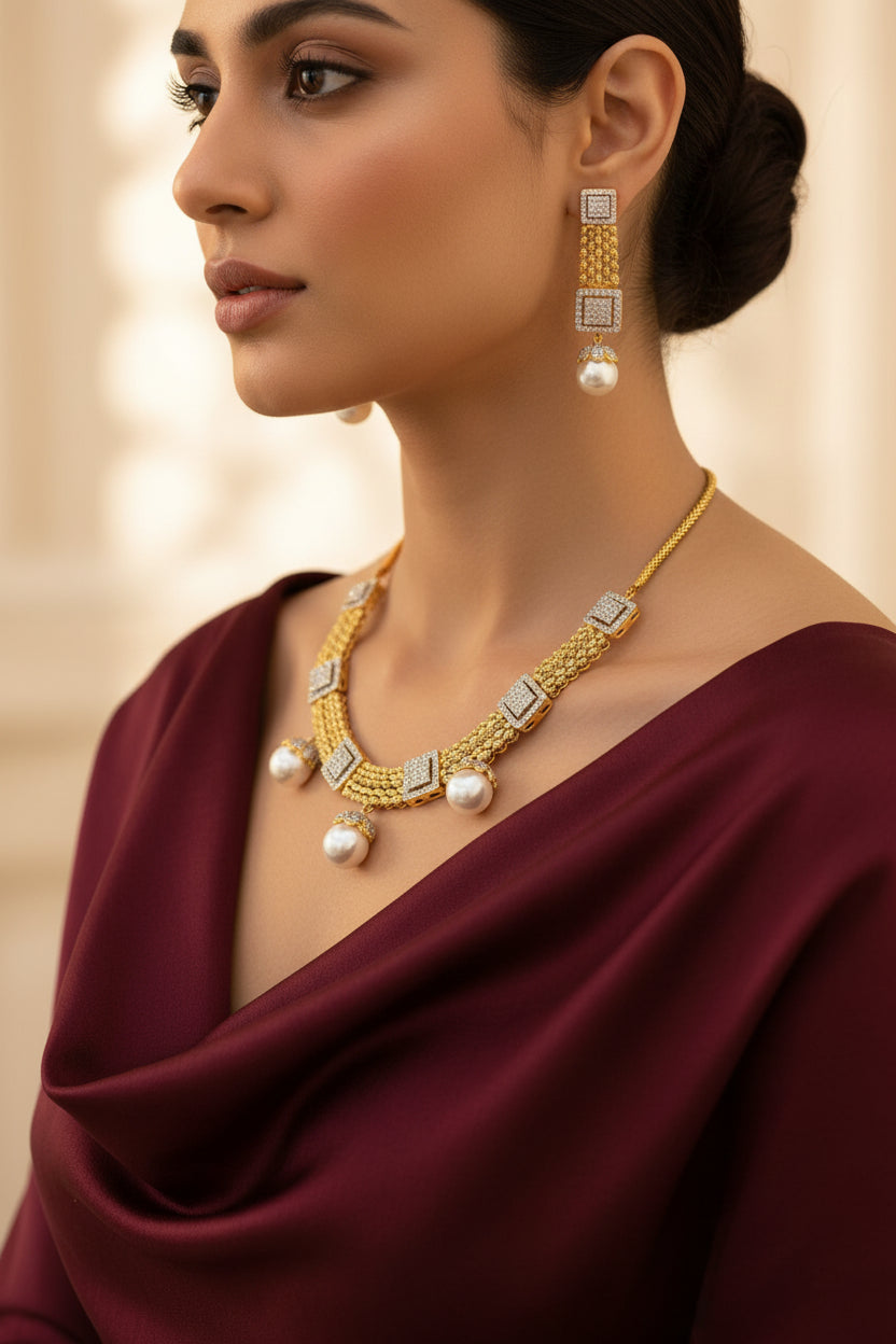 Noor-e-Zahoor 24K Gold Plated Pearl Jewelry Set Pakistan – Metcos | Al Qasim Jewellers Tesoro Aliffnoon style gold pearl necklace set bridal jewelry