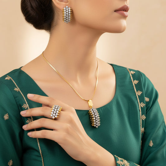 Diamond Shield pendant set in 24K gold plating, shield-shaped pendant set with American zircon, with chain and matching studs