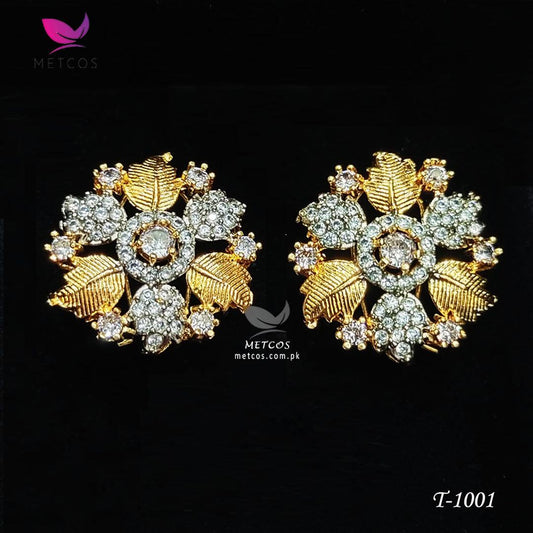 Leaf-shaped 24K gold plated stud earrings set with American zircon