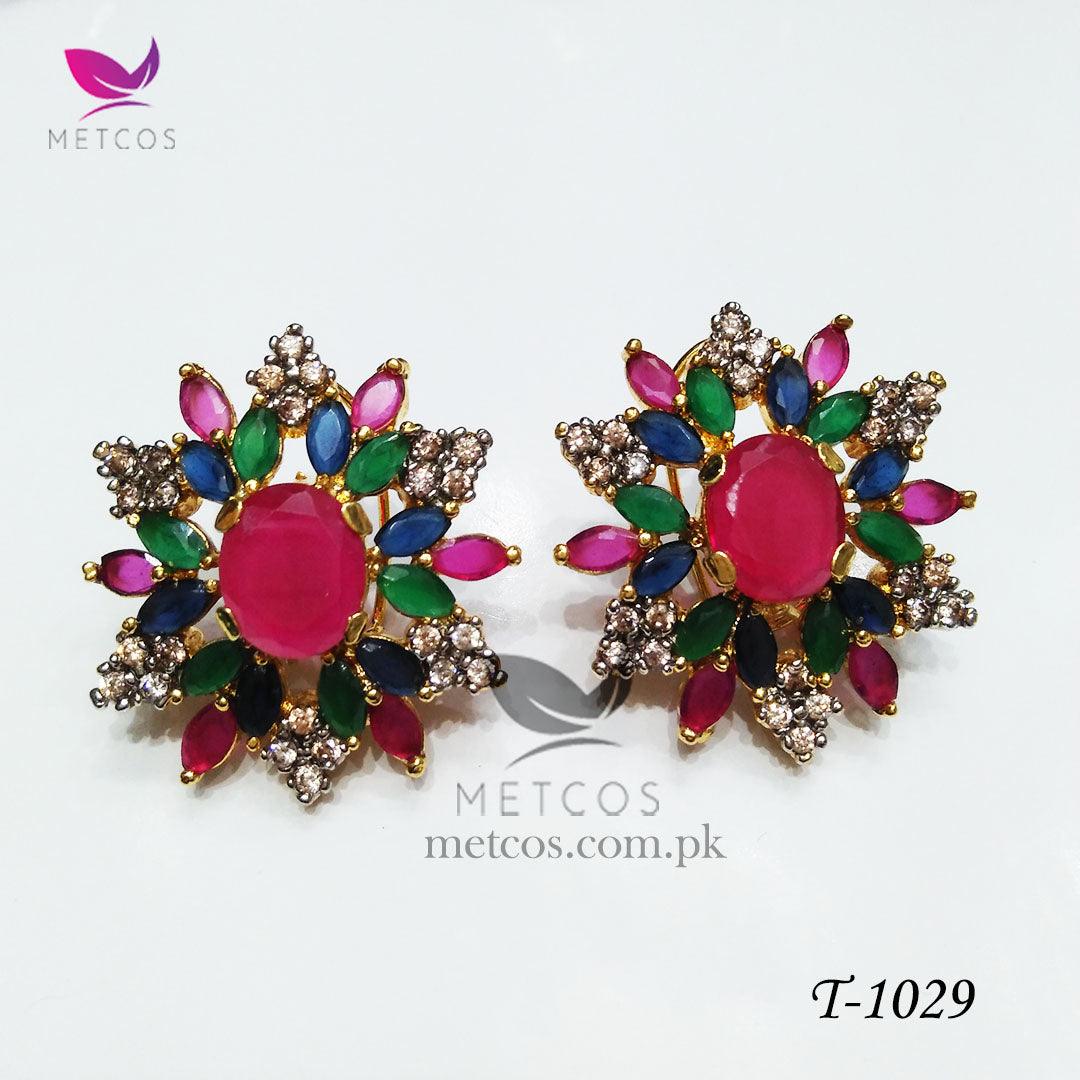 Oval jurao 24K gold plated studs set with multicoloured stones surrounded by American zircon