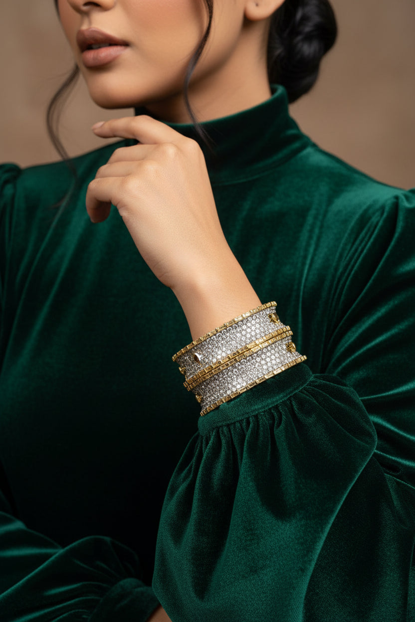 Wide 24K gold plated bangle set paved edge to edge with American zircon in a mirror-work sheesh mahal style