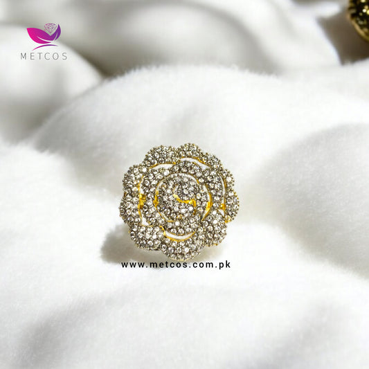 Elysian Sparkle gold plated ring photographed at an angle to show the zircon setting