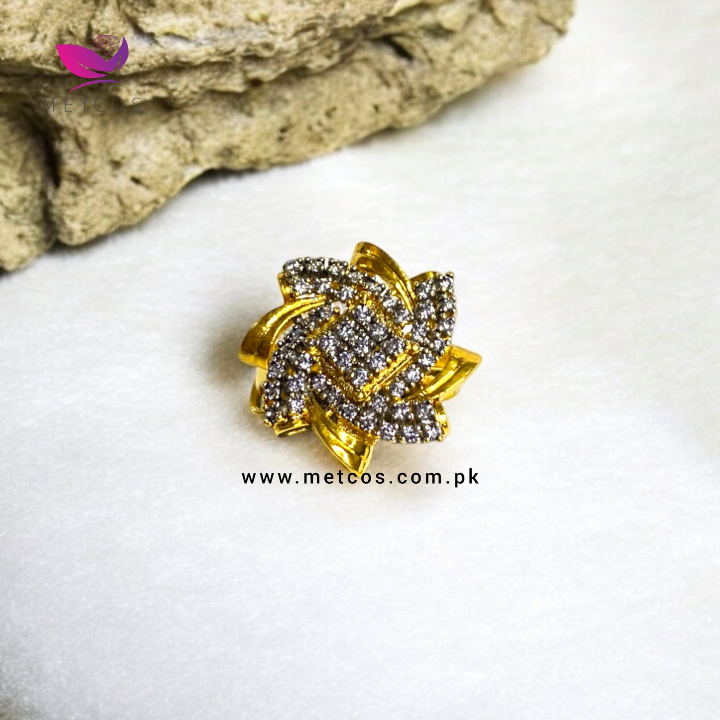 Handmade Diamond Zirconish gold plated ring shown from above