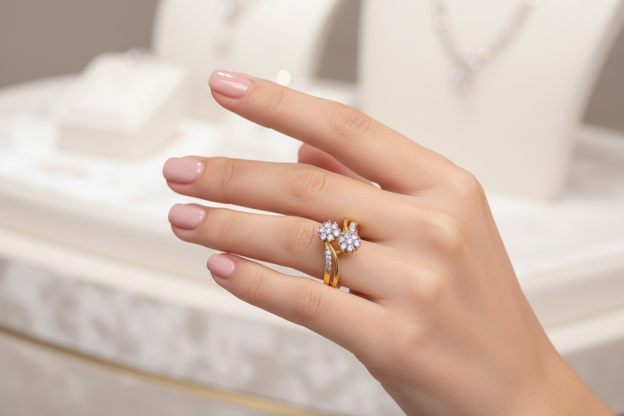 Gold ring with diamonds held by a gloved hand against a black background