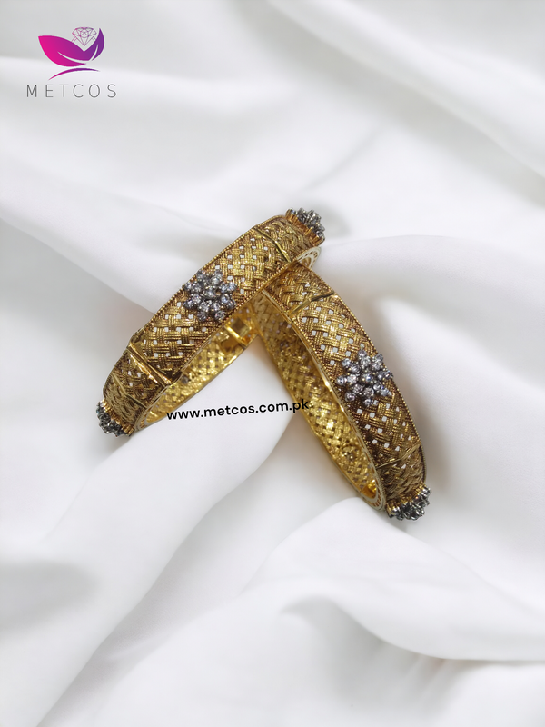 Golden Mesh Bangles |24K Gold Plated , Real American Zircons