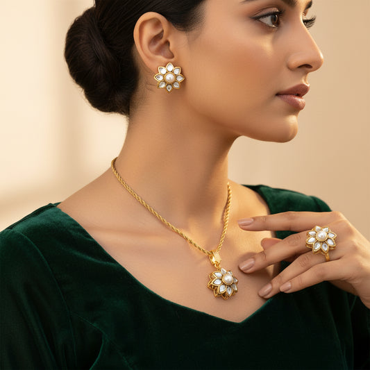 Golden Nova locket set in 24K gold plating with a starburst diamond-cut pendant and matching earrings