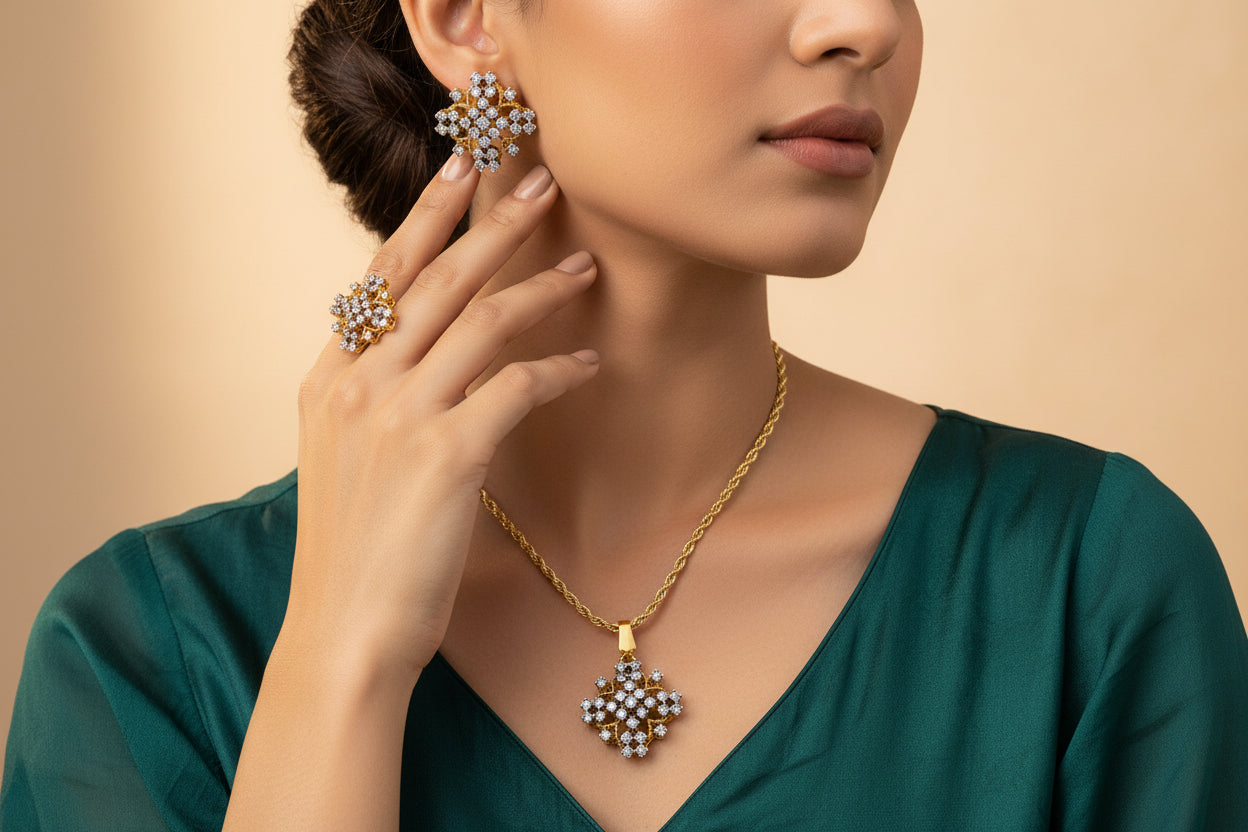 Emaan Heritage diamond-cut locket set in 24K gold plating with chain and matching earrings